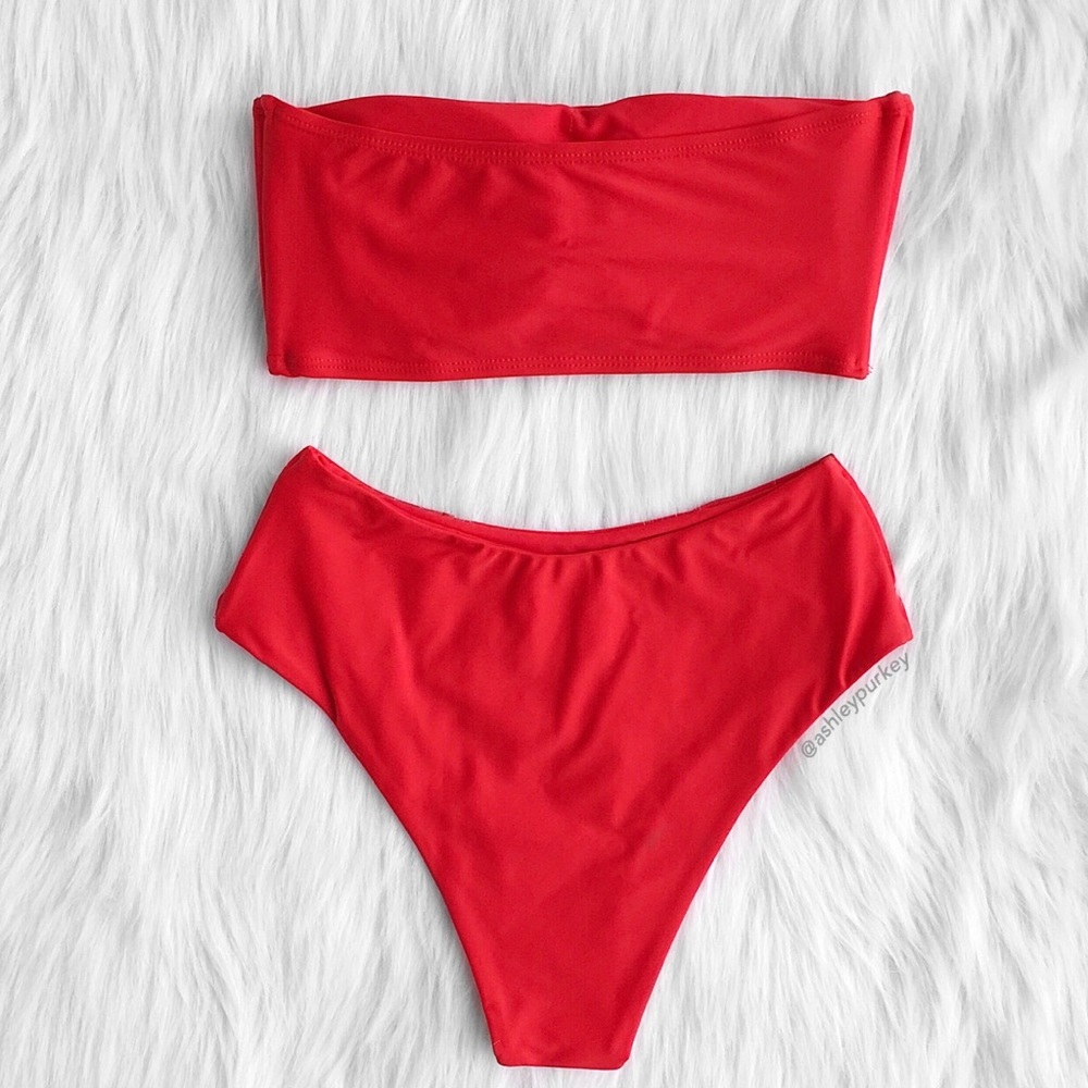Red high waisted bandeau cheeky bikini set - Picture 3 of 5